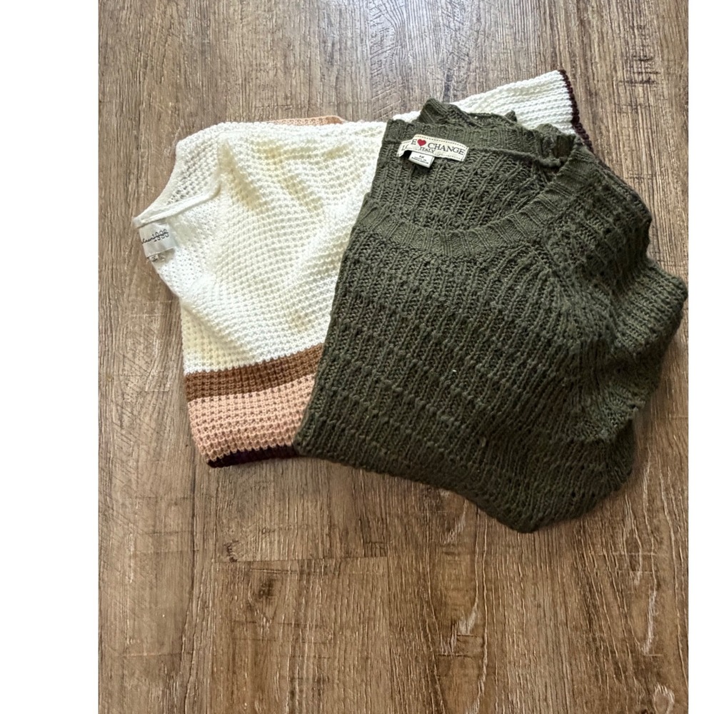 Love Change Italy Olive Green & Striped Waffle Knit Sweater Set Size 1X 2XL